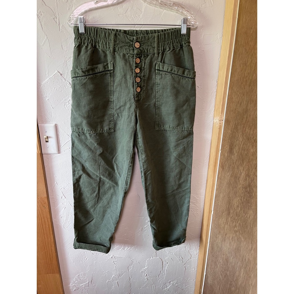 Sundance Womens P6 Olive Green Linen Blend Button Fly Utility Cropped Pants NEW